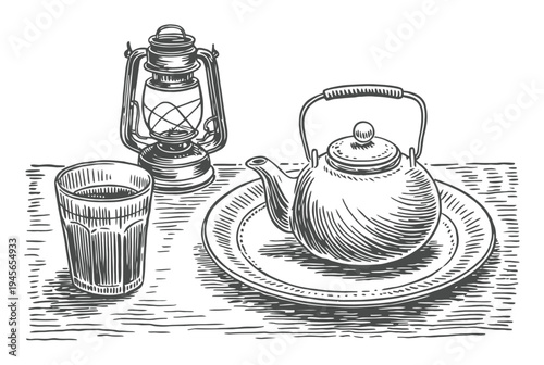 Vintage Still Life: Lantern, Teapot, and Drink on a Wooden Surface