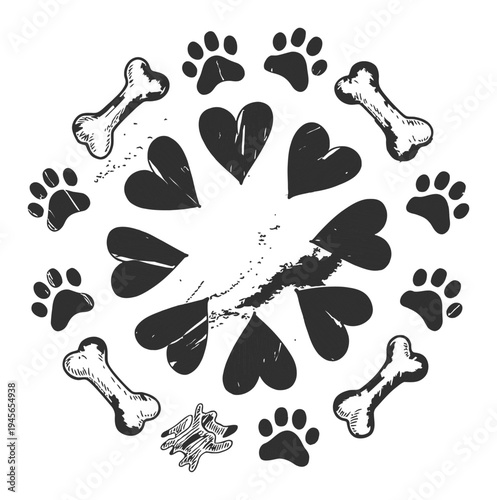 Whimsical Dog Paw Print, Bone, and Heart Mandala Design