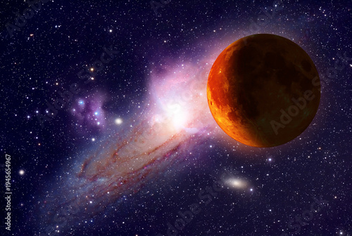Lunar eclipse on a starry Milky Way background.