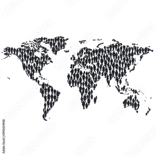 A detailed black and white illustration representing a global population map formed by countless human figures, symbolizing worldwide community, diversity, and interconnectedness