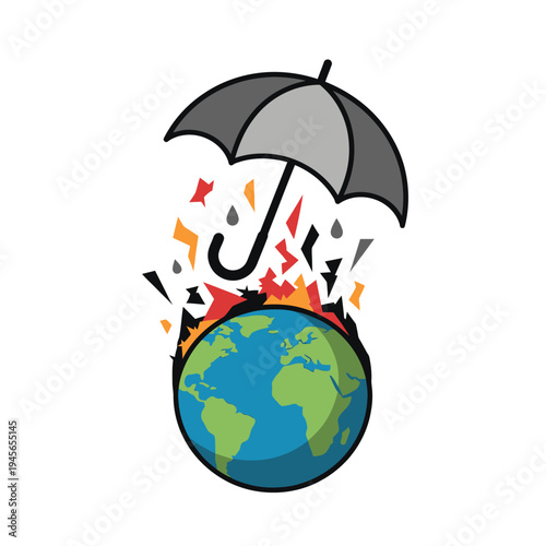 Global warming protection concept depicting an umbrella attempting to shield a burning Earth, illustrating the urgent need for environmental defense against climate change and ecological crisis