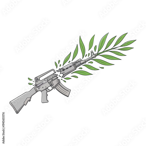 Visualizing peace a broken assault rifle, shattered into pieces, gives way to vibrant green leaves, symbolizing disarmament, new beginnings, and the enduring power of life overcoming violence and war