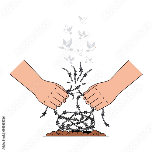 Breaking the Chains Hands transform barbed wire into earth, symbolizing the triumph of peace, freedom, and new beginnings as doves ascend