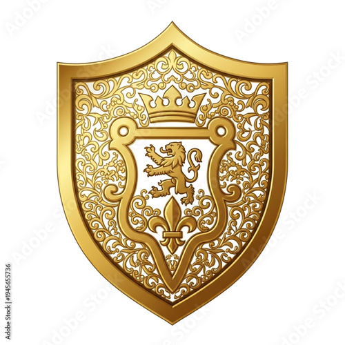 Ornate Golden Shield with Lion Rampant and Fleur De Lis, Luxury Heraldic Royal Crest with Filigree Engraving, Vintage Medieval Kingdom Emblem and Crown Symbol Isolated on Transparent Background