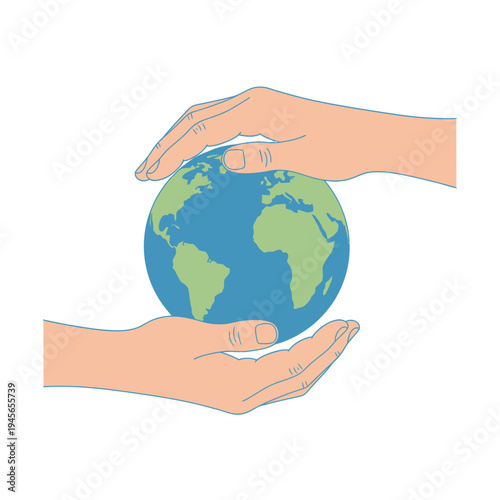 Human hands gently embracing and protecting the Earth, symbolizing global care, environmental responsibility, and sustainability efforts for our planet's future