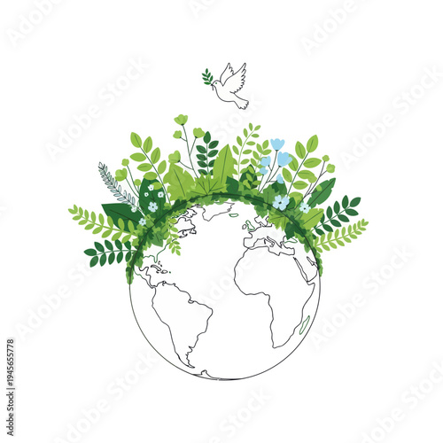 Global harmony and environmental renewal A serene illustration depicting our planet adorned with lush foliage and a peace dove, symbolizing hope for a sustainable and greener future