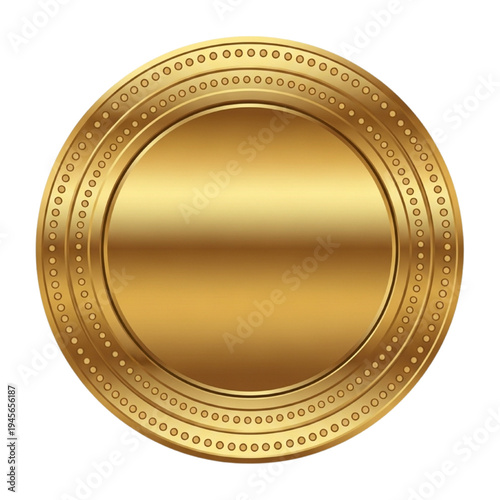 Blank Gold Coin Template. Round 3D Metallic Badge with Dotted Rim. Luxury Golden Seal, Medal or Button Mockup. Shiny Circle Label Frame Isolated on White.