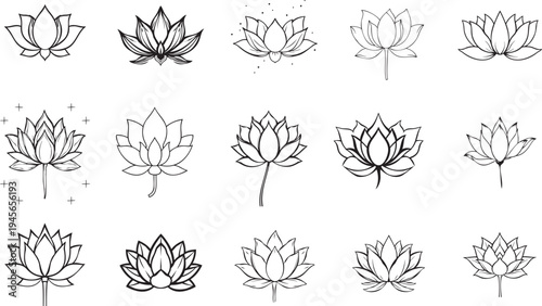 Vector black lotus icons set on white background. Lotus plant. Lotus flower