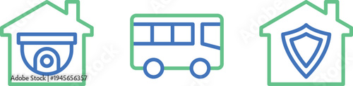 Security and transportation icons within house and bus outlines