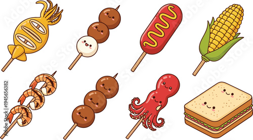 Collection of cute street food skewers including shrimp squid corn sausage sandwich and grilled snacks isolated vector illustration set