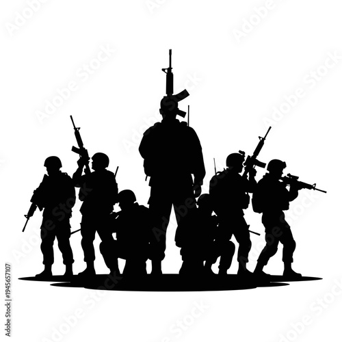 Silhouette of Soldiers with Rifles, Military Team Standing Ready