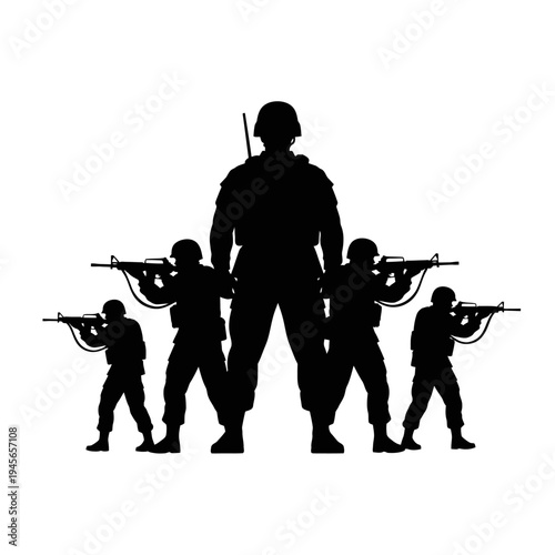 Silhouette of Soldiers with Rifles, Military Team Standing Ready