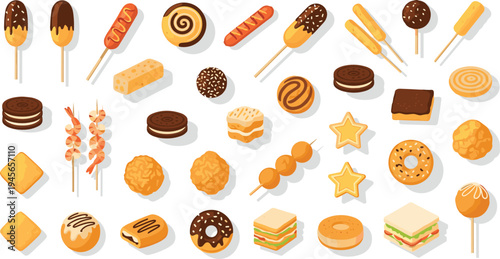 Colorful Street Food Dessert Snack Icon Set with Donuts Cookies Cake Pops Skewers Pastry and Sweet Treat Vector