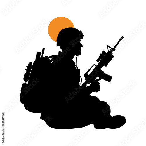 Silhouette of a soldier sitting with rifle and backpack against a sunset