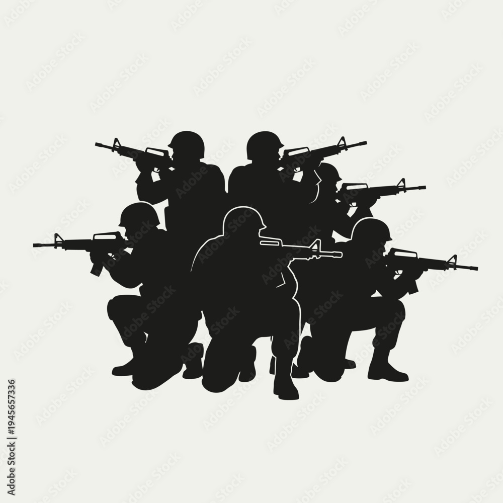 Fototapeta premium Silhouette of soldiers in tactical formation with rifles, ready for action