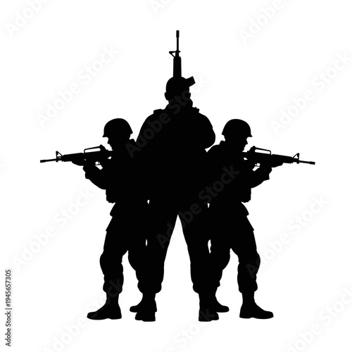 Silhouette of Soldiers in Formation with Rifles, Military Teamwork, Combat Readiness