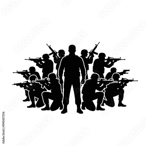 Silhouette of Soldiers in Tactical Formation with Rifles, Ready for Action