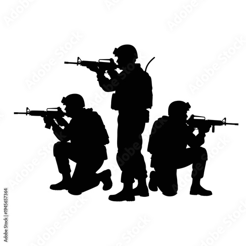 Silhouette of soldiers in tactical gear aiming rifles, ready for action
