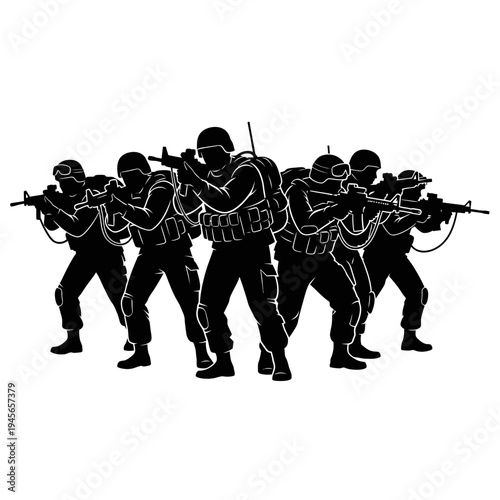 Silhouette of soldiers in tactical gear advancing with rifles, ready for combat.