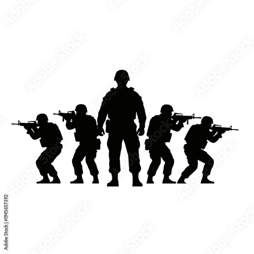 Silhouette of soldiers in tactical gear with rifles, ready for action, military team