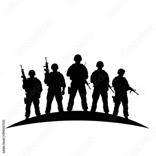 Silhouette of Soldiers Standing Guard on Hilltop with Rifles
