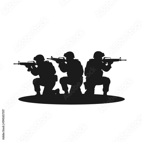 Silhouette of soldiers in tactical gear, aiming rifles, ready for action on a battlefield.