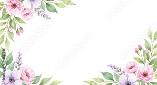 Watercolor floral corner frames with pink and purple flowers, green leaves on white background