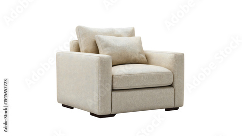 Modern light beige fabric armchair with cushions isolated on a black background, contemporary living room furniture.