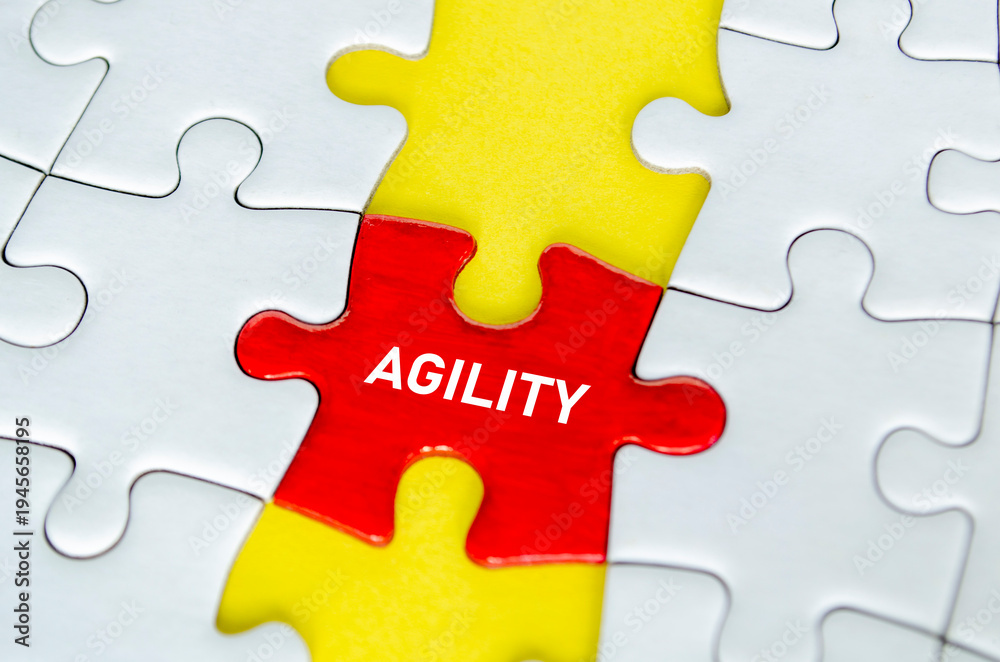 Fototapeta premium AGILITY, Red agility puzzle piece aligned vertically with a yellow connecting piece on a white jigsaw puzzle background