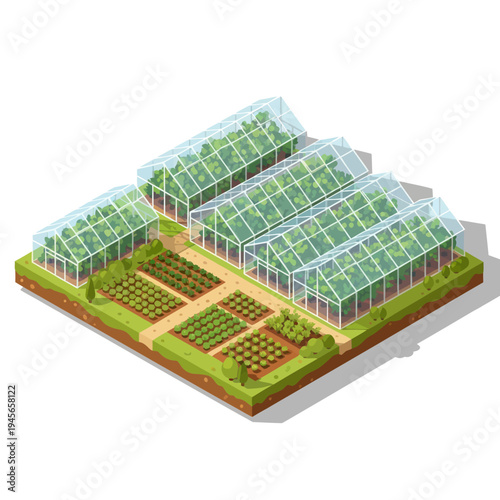 Greenhouse Farm with Crops and Plants.