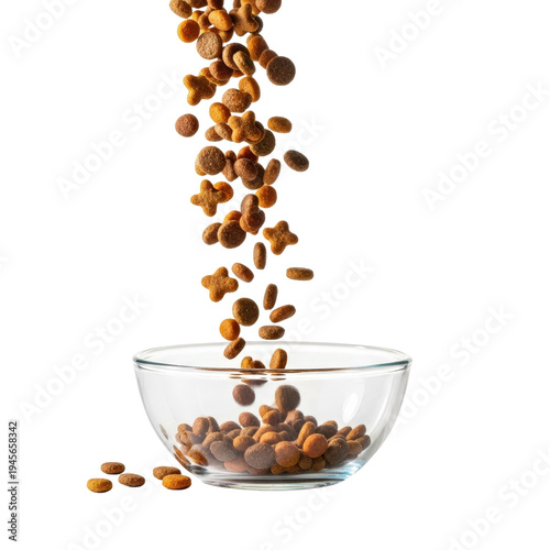 Dog food falling into glass bowl isolated on white