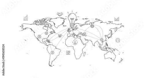 Detailed World Map Outline with Country Borders and Coastlines.
