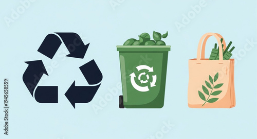 Eco-Friendly Practices - Recycling Symbol, Green Bin, and Reusable Bag.