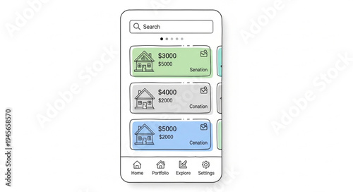 Smartphone Interface Displaying Smart Home Control Panels and Search Bar.