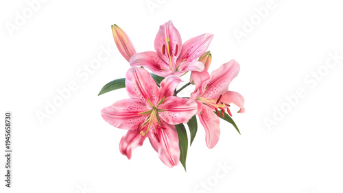 Pink lily flowers with green leaves watercolor bouquet