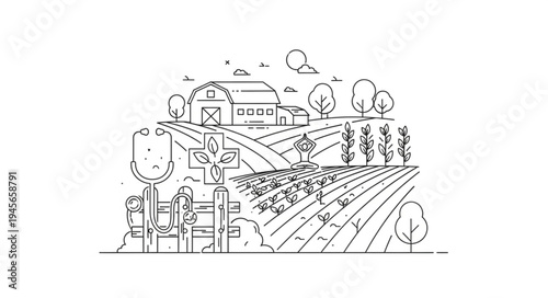 Line Art Farm Landscape - Barn, Fields, and Trees Illustration.