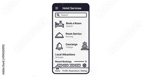 Hotel Services App Interface Design with Room Booking and Concierge.