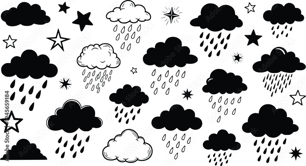 Obraz premium Black and White Doodle Clouds and Stars with Raindrops