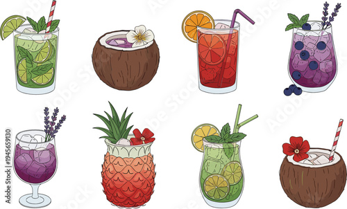 Colorful Tropical Cocktail Drink Set with Coconut Pineapple Citrus Berry Summer Beverage Hand Drawn Vector Illustration