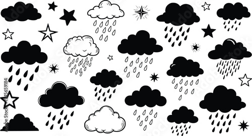 Black and White Doodle Clouds and Stars with Raindrops