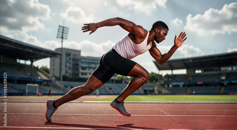 Obraz premium Dynamic Sprint: Athletic Black Man Starting Race on Track