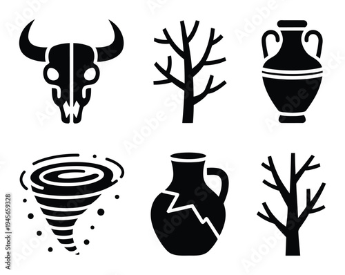 Collection of Black Skull, Trees, Vases, and Tornado