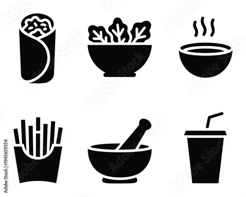 Collection of Food and Drink Burrito, Salad, Soup, Fries, Mortar and Pestle, Drink
