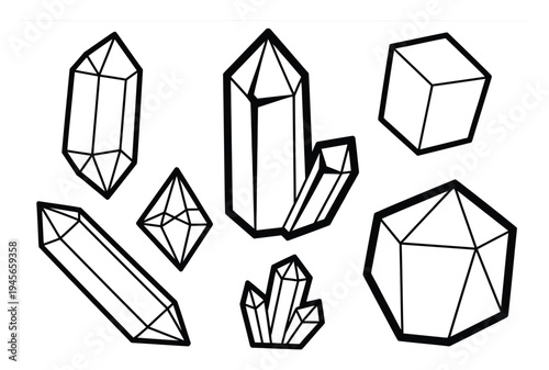 Collection of Geometric Crystal Shapes in Black and White Outline