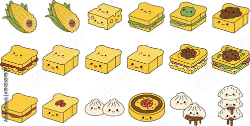 Cute Cartoon Snack Food Collection with Sandwich Cheese Toast Dumplings Pizza Corn Kawaii Style Vector Illustration
