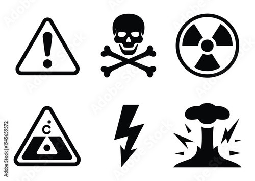 Collection of Warning and Danger Symbols: Exclamation, Skull, Radiation, Chemical, Electricity, Explosion