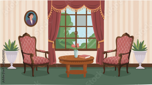 Elegant Victorian sitting room interior illustration with ornate armchairs, striped wallpaper, round table, floral vase, and classical decor