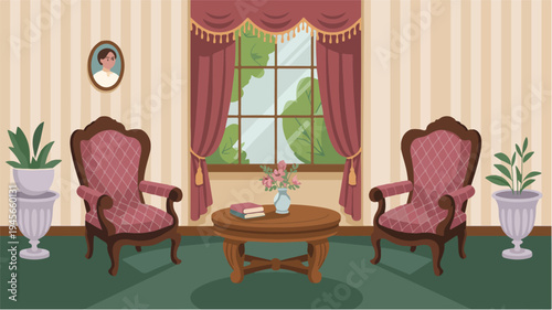 Elegant Victorian sitting room interior illustration with ornate armchairs, striped wallpaper, round table, floral vase, and classical decor