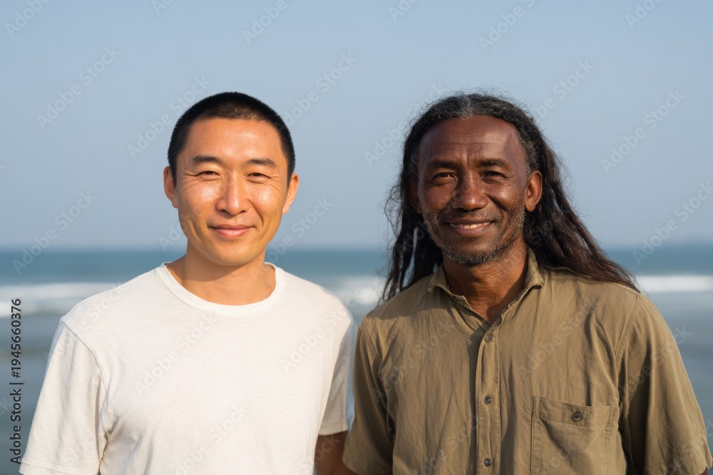 Obraz premium Asian african adult male friends smiling at beach with ocean background warm sunlight casual portrait on shore