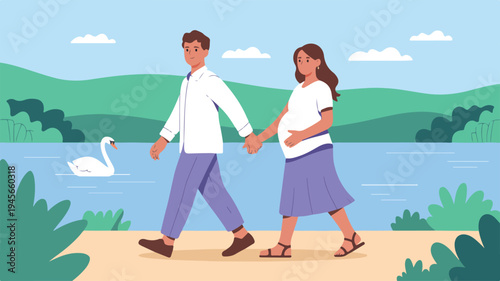 Romantic couple walking beside peaceful lake with swan and hills in flat minimalist nature illustration style